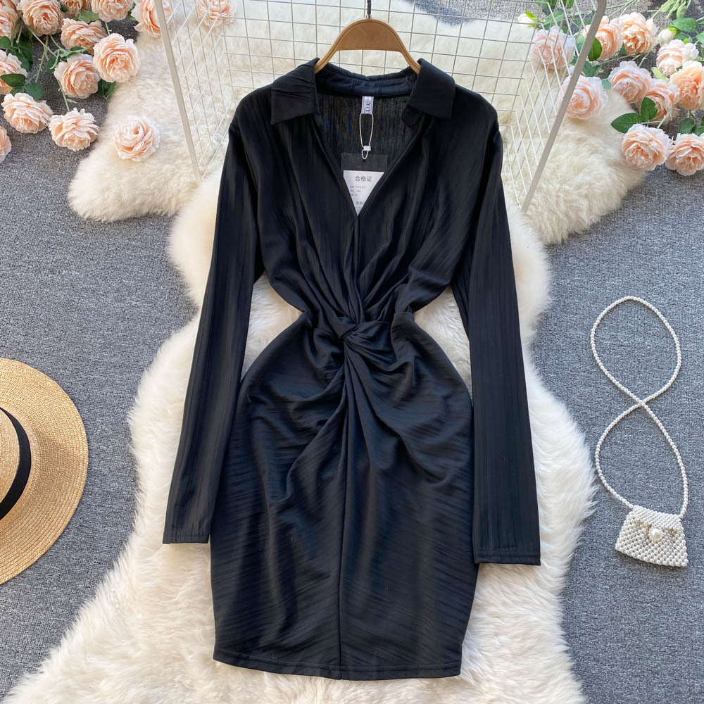 2022 Spring new style niche lapel small fragrance skirt Korean style design long sleeves pure desire hot girl thin dress Trendy clothes