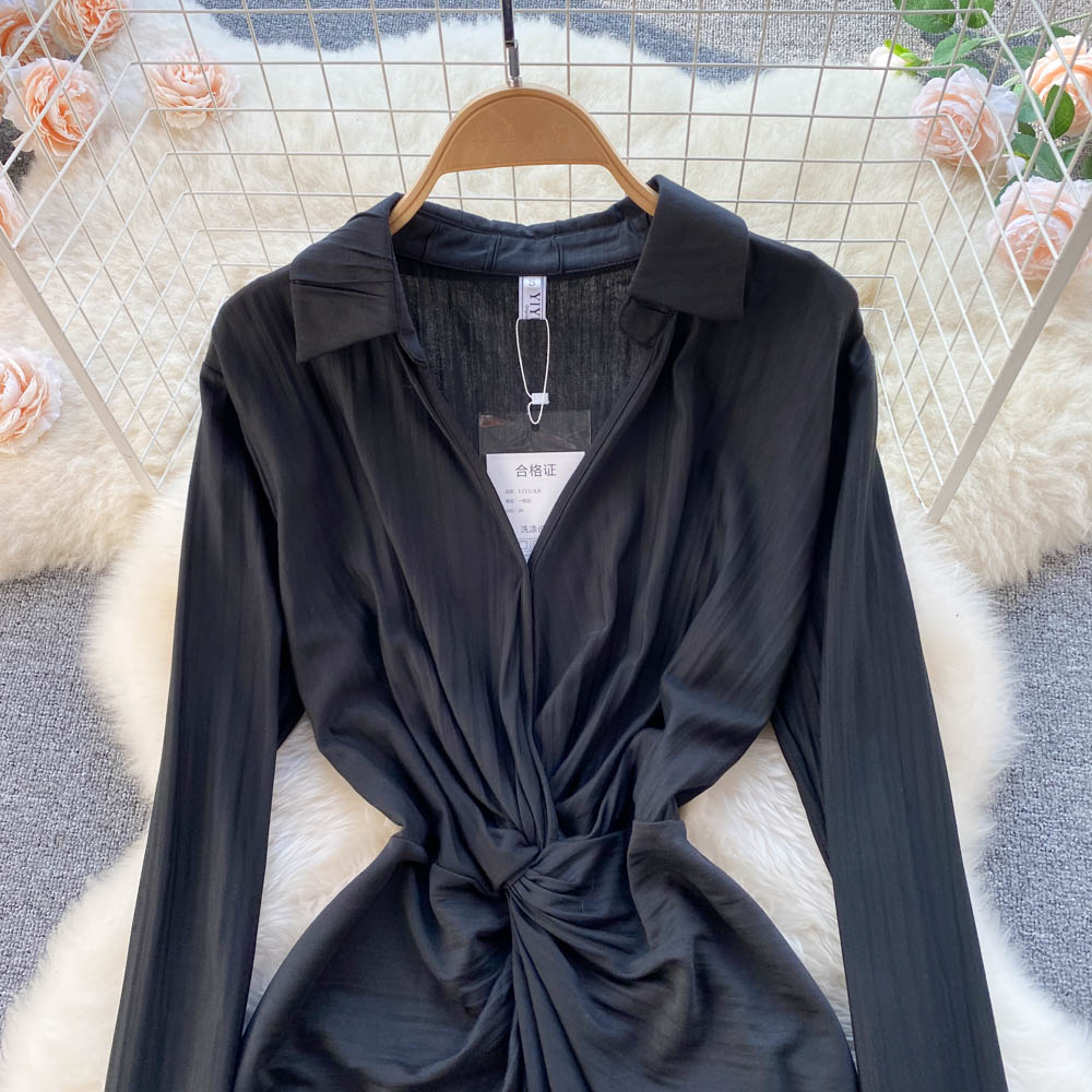 2022 Spring new style niche lapel small fragrance skirt Korean style design long sleeves pure desire hot girl thin dress Trendy clothes