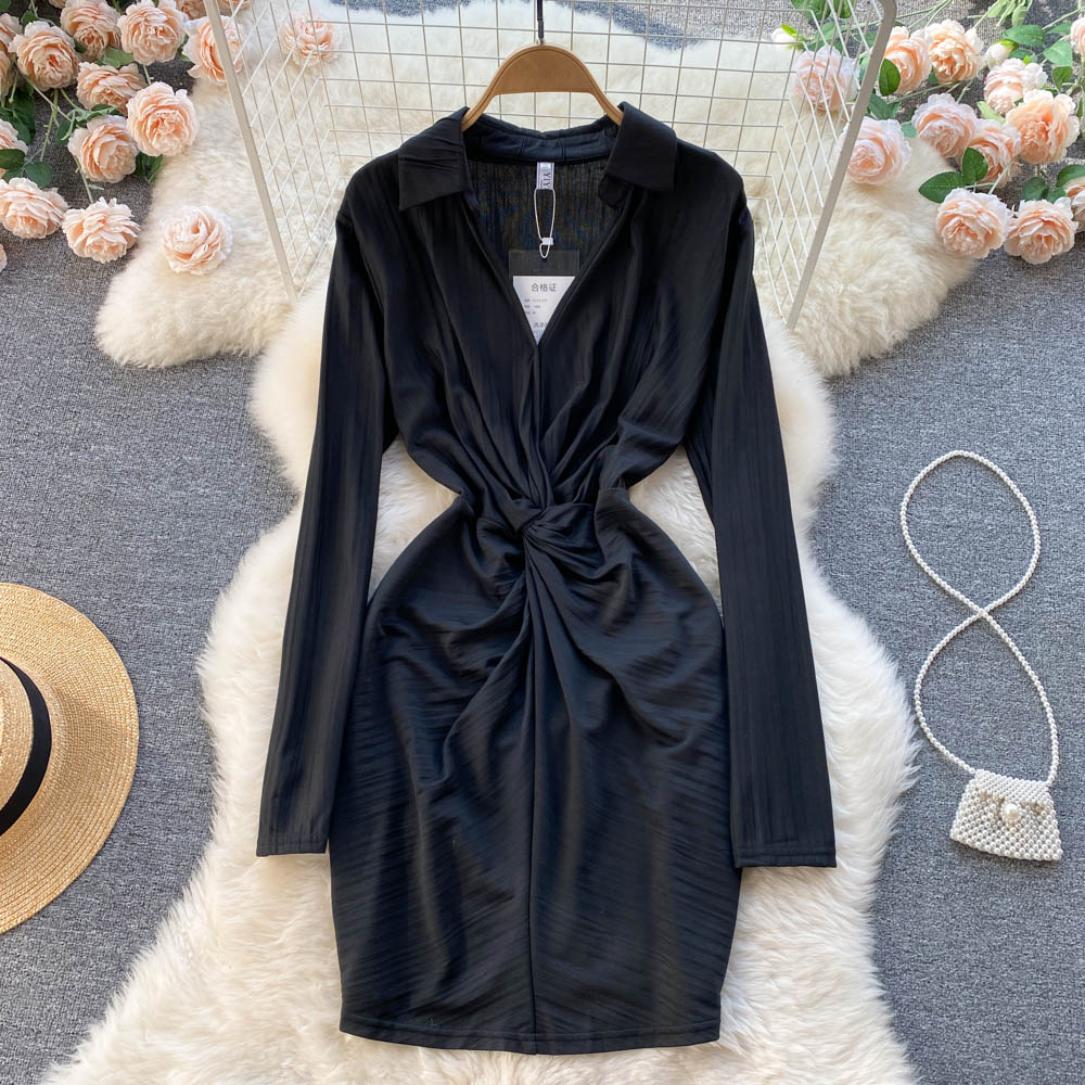 2022 Spring new style niche lapel small fragrance skirt Korean style design long sleeves pure desire hot girl thin dress Trendy clothes
