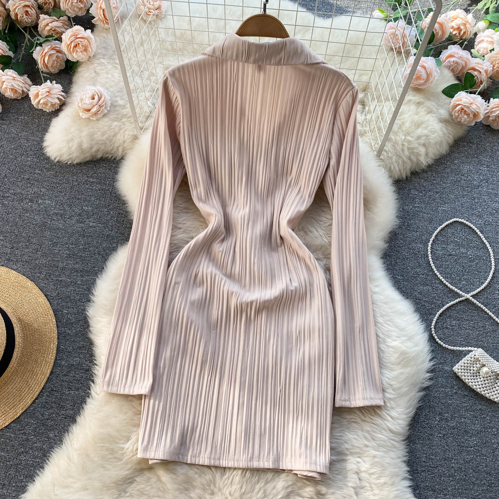 2022 Spring new style niche lapel small fragrance skirt Korean style design long sleeves pure desire hot girl thin dress Trendy clothes