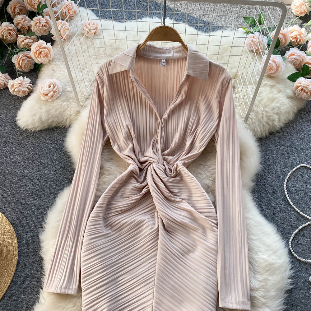 2022 Spring new style niche lapel small fragrance skirt Korean style design long sleeves pure desire hot girl thin dress Trendy clothes