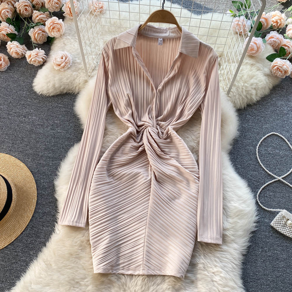 2022 Spring new style niche lapel small fragrance skirt Korean style design long sleeves pure desire hot girl thin dress Trendy clothes