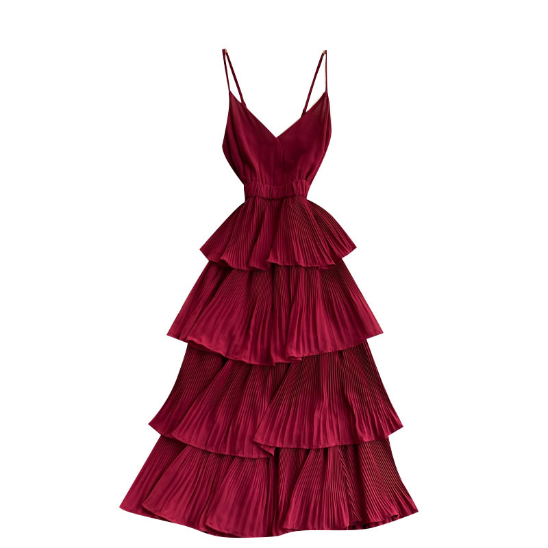 Seaside holiday dress 2022 new summer dress sexy V-neck slim mid-length pleated ruffled beach dress