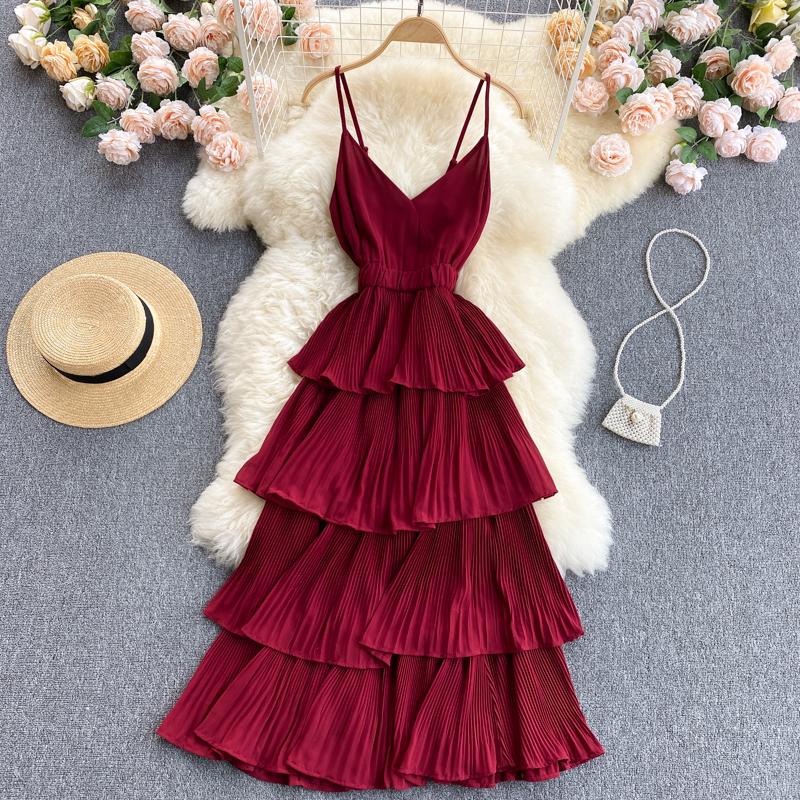 Seaside holiday dress 2022 new summer dress sexy V-neck slim mid-length pleated ruffled beach dress
