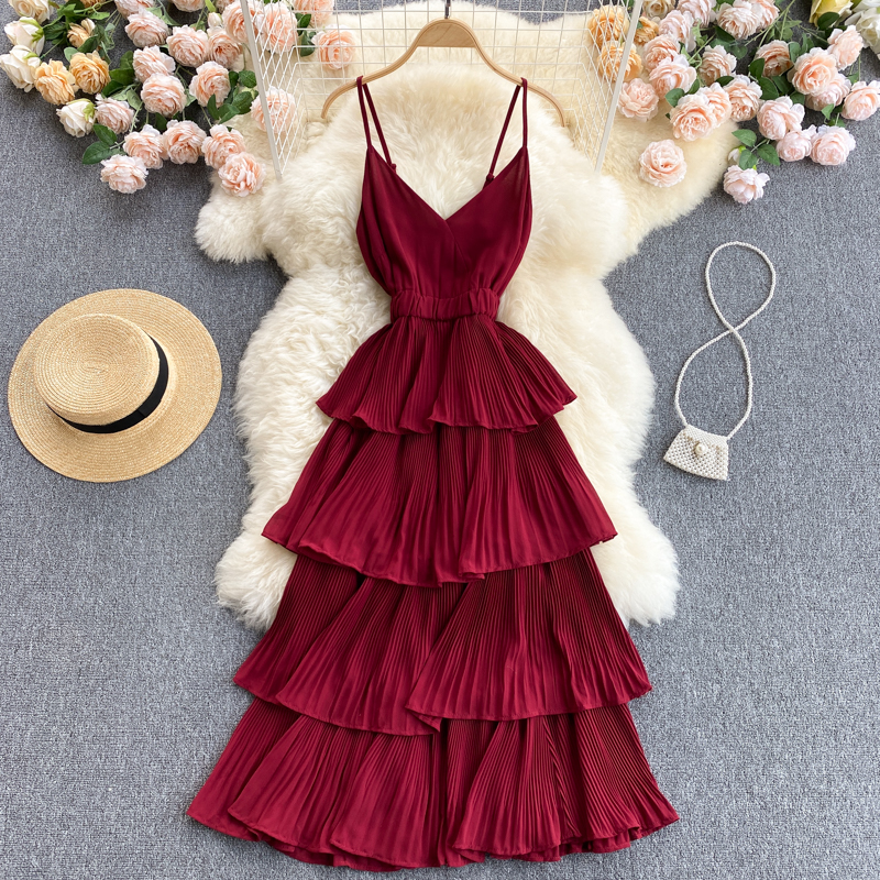 Seaside holiday dress 2022 new summer dress sexy V-neck slim mid-length pleated ruffled beach dress