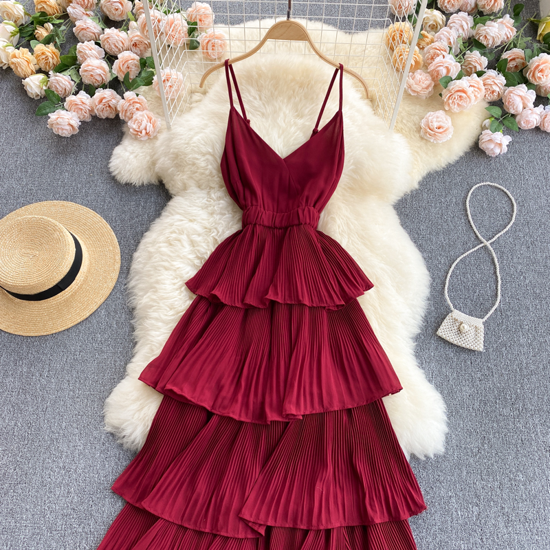 Seaside holiday dress 2022 new summer dress sexy V-neck slim mid-length pleated ruffled beach dress