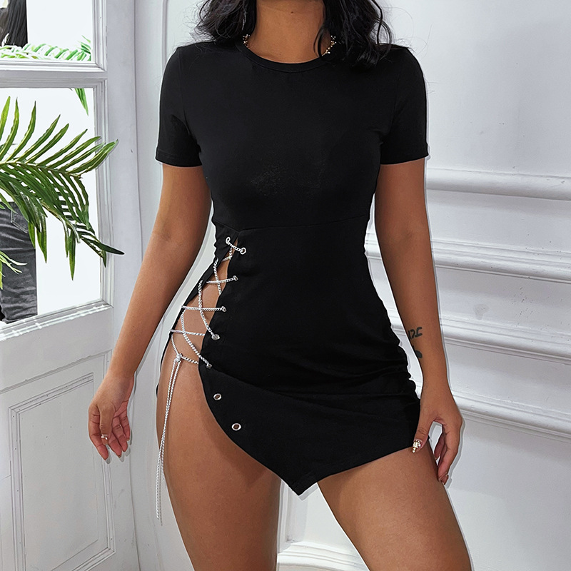 YY21181 European and American sexy side straps hollow short-sleeved dress summer new lady style slim hip skirt dress