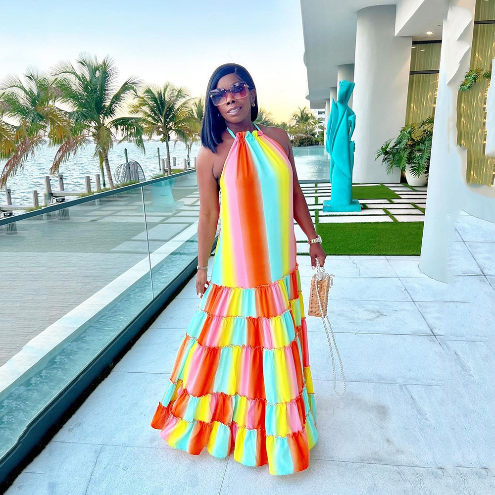 2022 Spring/Summer women's clothing halter neck suspender print loose backless hem dress