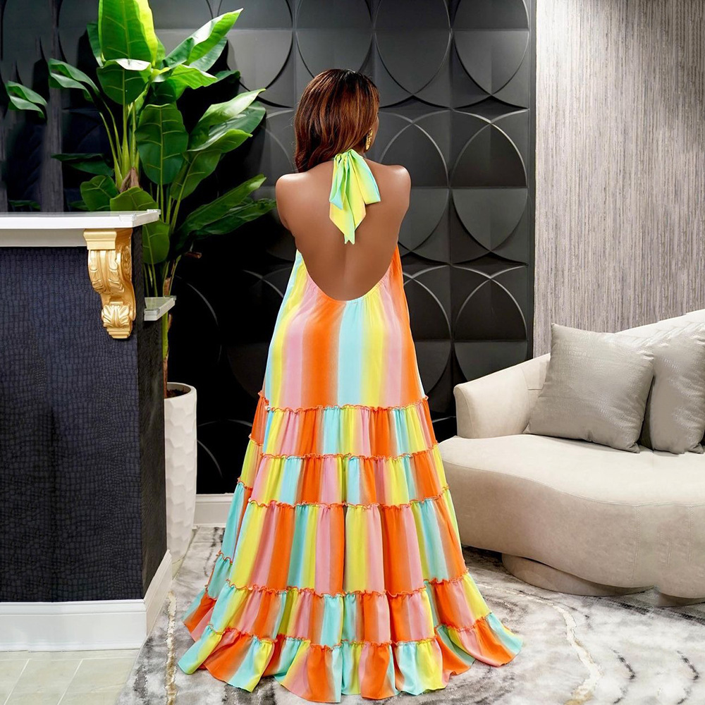 2022 Spring/Summer women's clothing halter neck suspender print loose backless hem dress