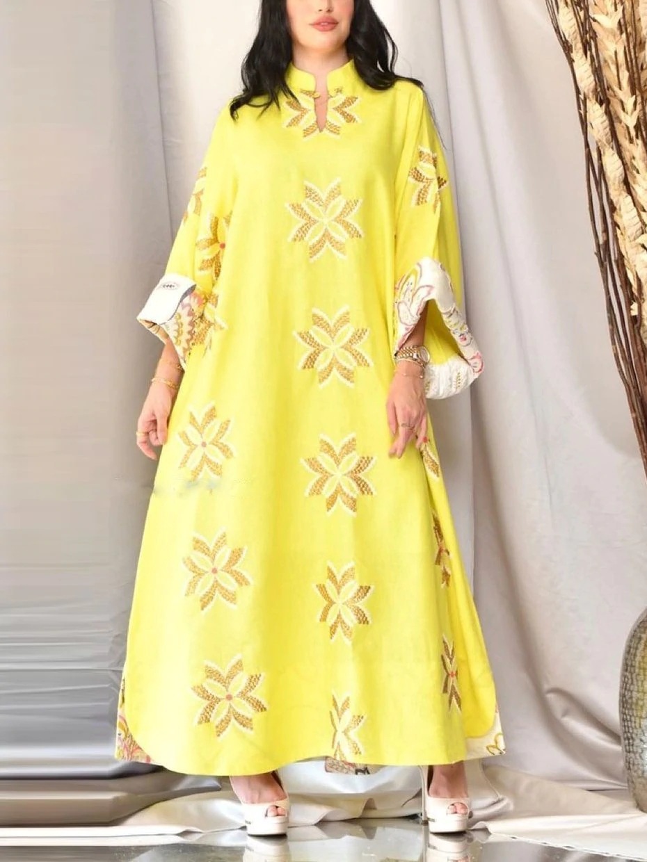 2022 Spring and summer new women's yellow printing breathable loose dress Middle East robe dress