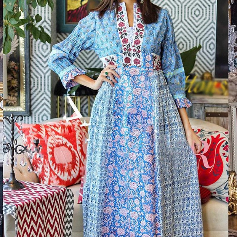 2022 European and American foreign trade women's Amazon blue floral breathable loose dress Middle East robe dress