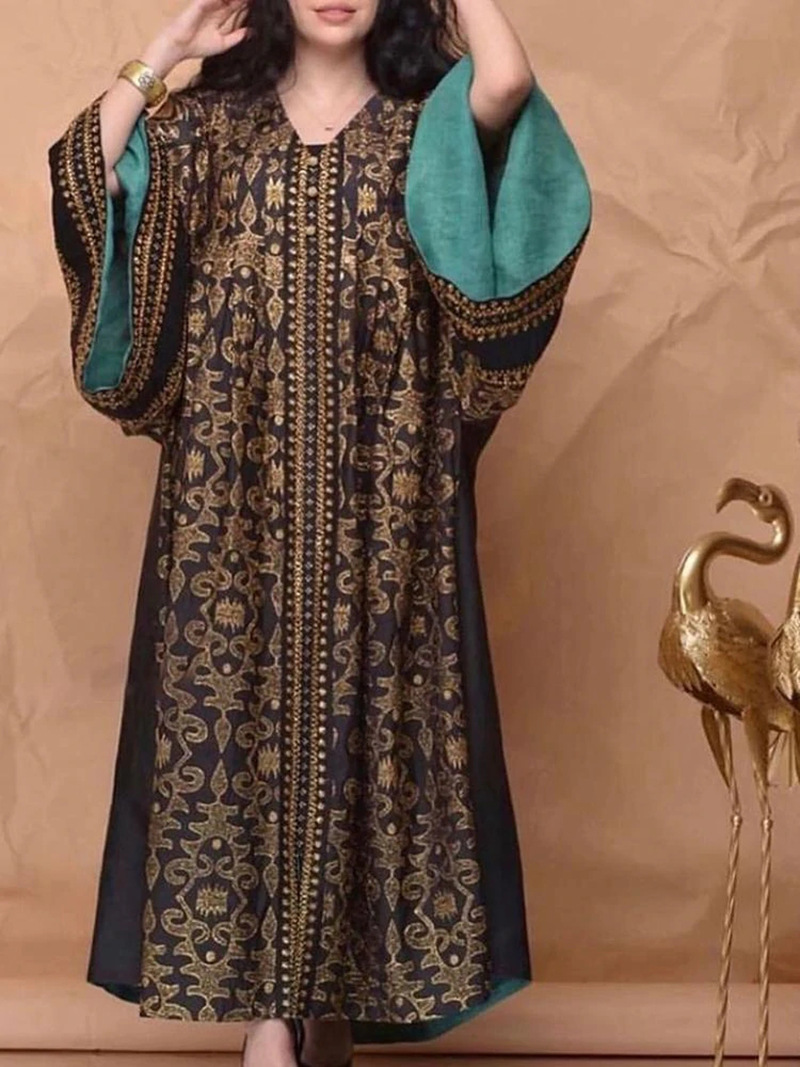 2022 Spring and summer new women's Amazon black printed breathable loose dress Middle East robe dress