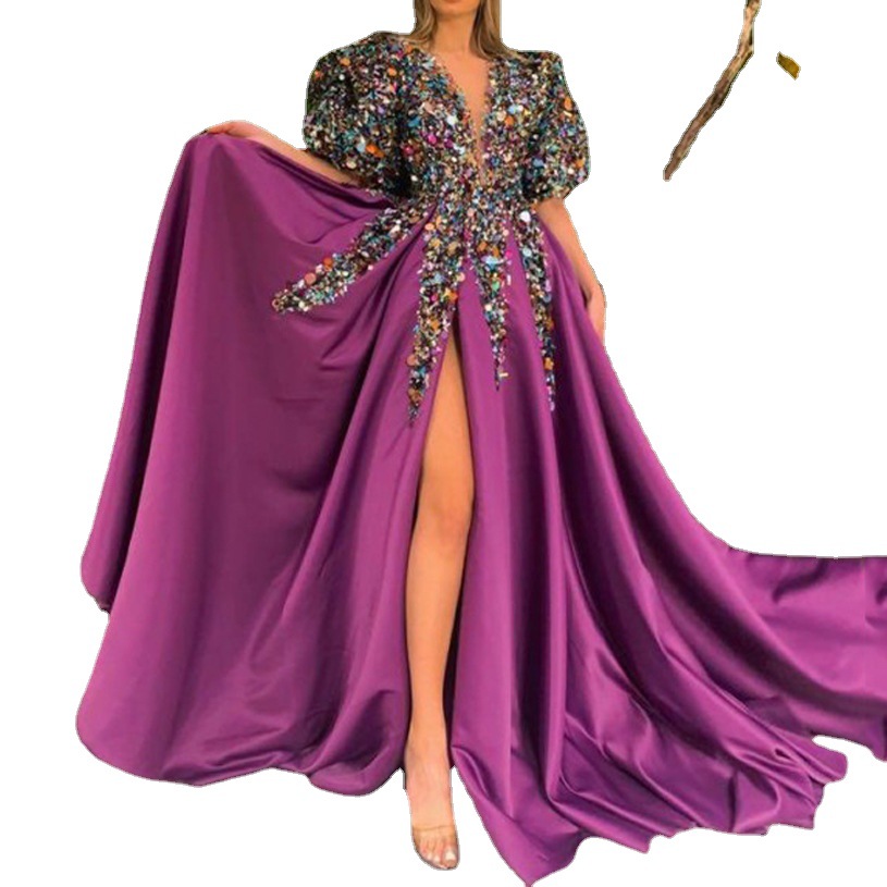 2022 Autumn and winter women's clothing independent station ebay sexy sequins V-neck party dress package hip skirt dress
