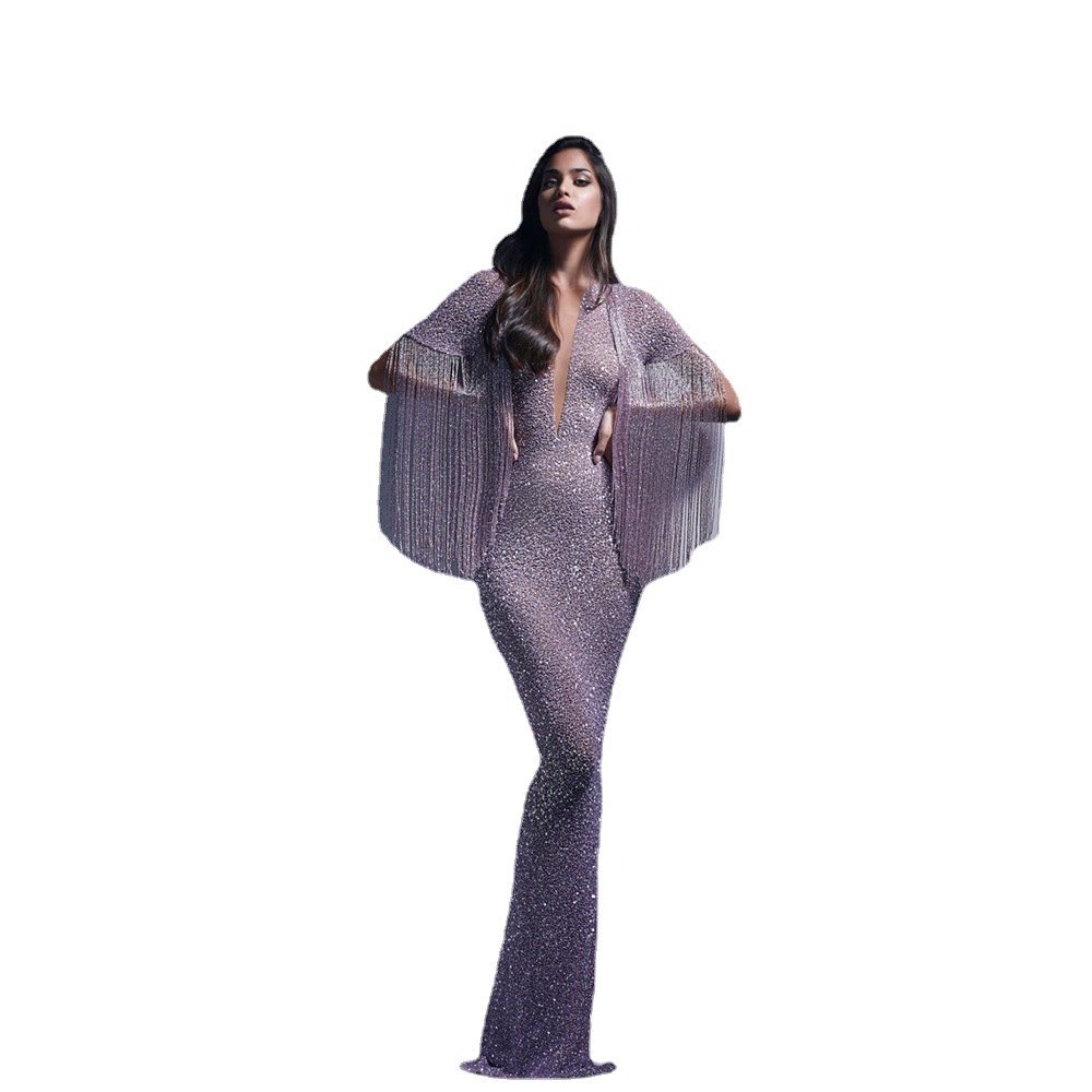 2022 Spring new women's sexy deep V fringed sequins slim dress evening dress