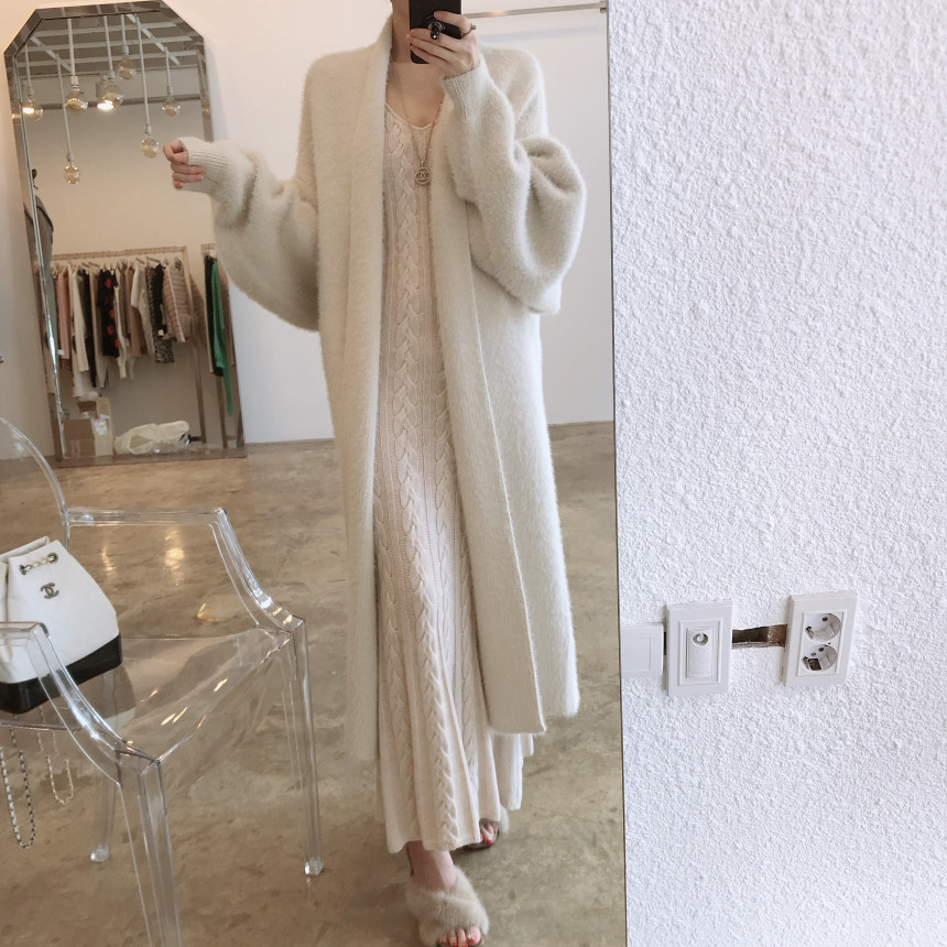 Women winter white mink mid-length coat long length coat soft quality clothes cardigan
