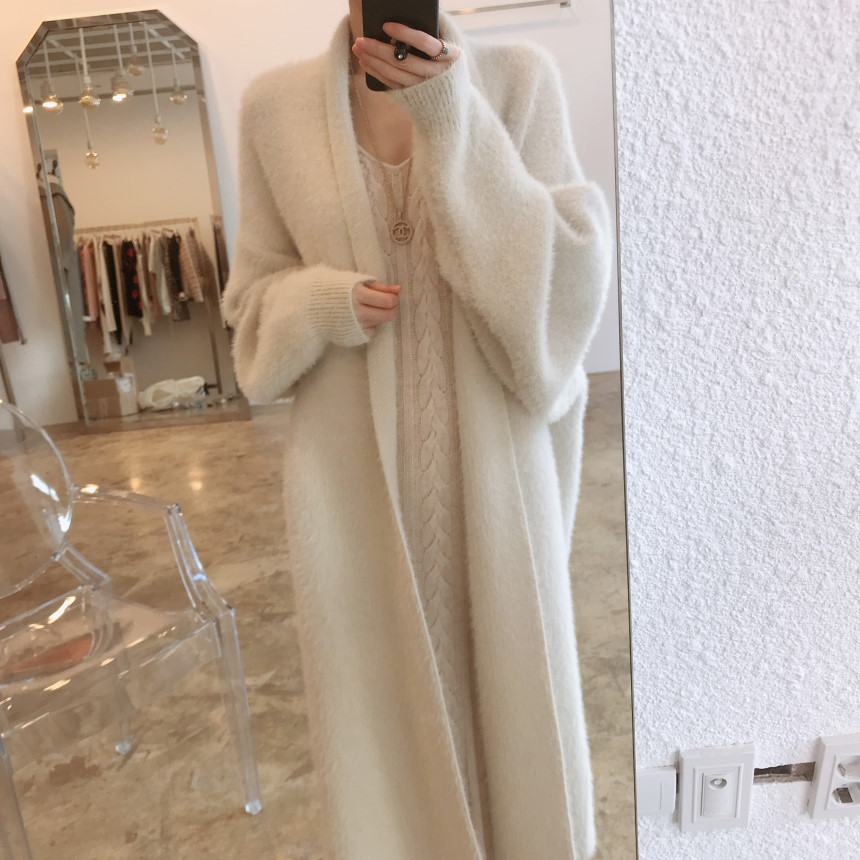 Women winter white mink mid-length coat long length coat soft quality clothes cardigan