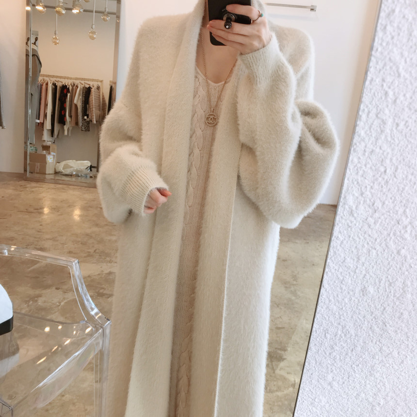 Women winter white mink mid-length coat long length coat soft quality clothes cardigan