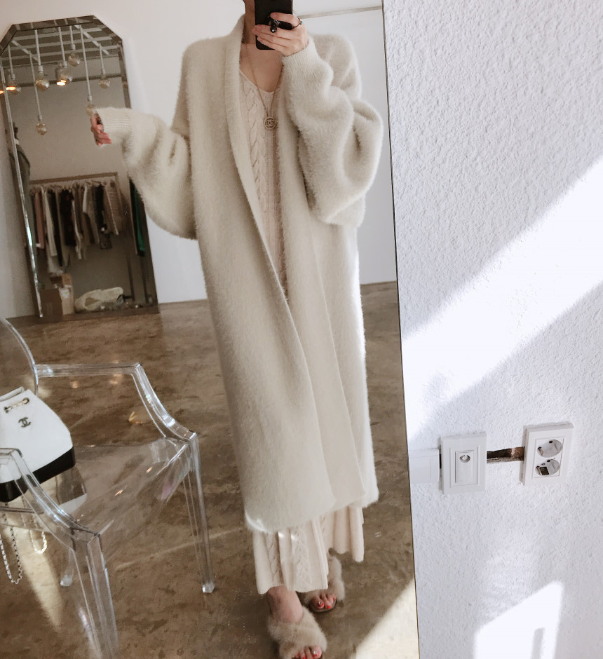 Women winter white mink mid-length coat long length coat soft quality clothes cardigan