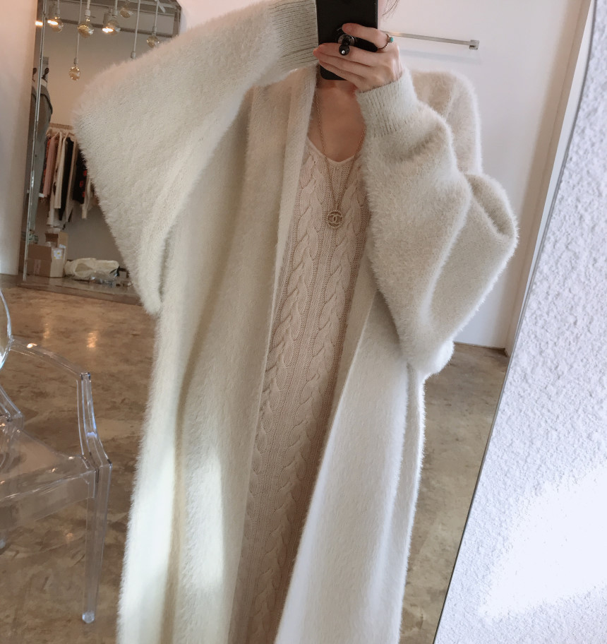 Women winter white mink mid-length coat long length coat soft quality clothes cardigan