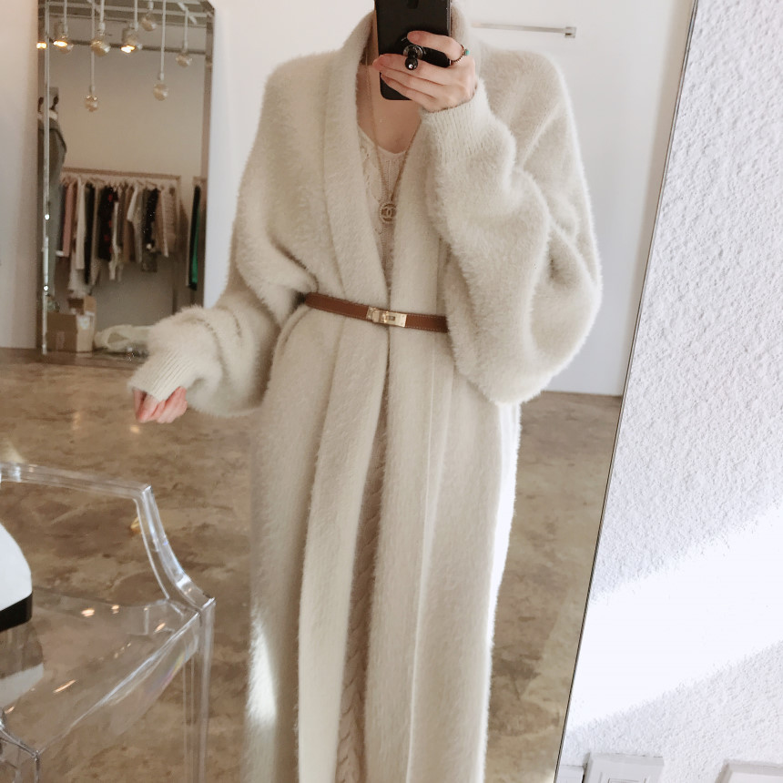 Women winter white mink mid-length coat long length coat soft quality clothes cardigan