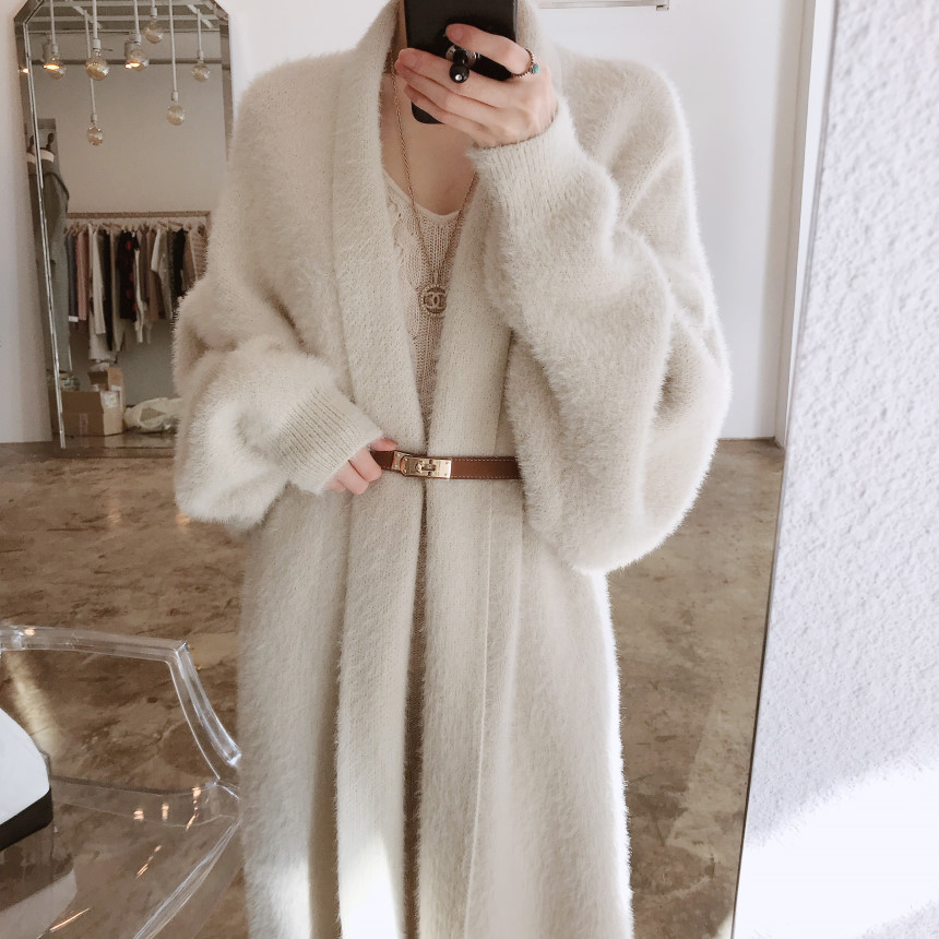 Women winter white mink mid-length coat long length coat soft quality clothes cardigan