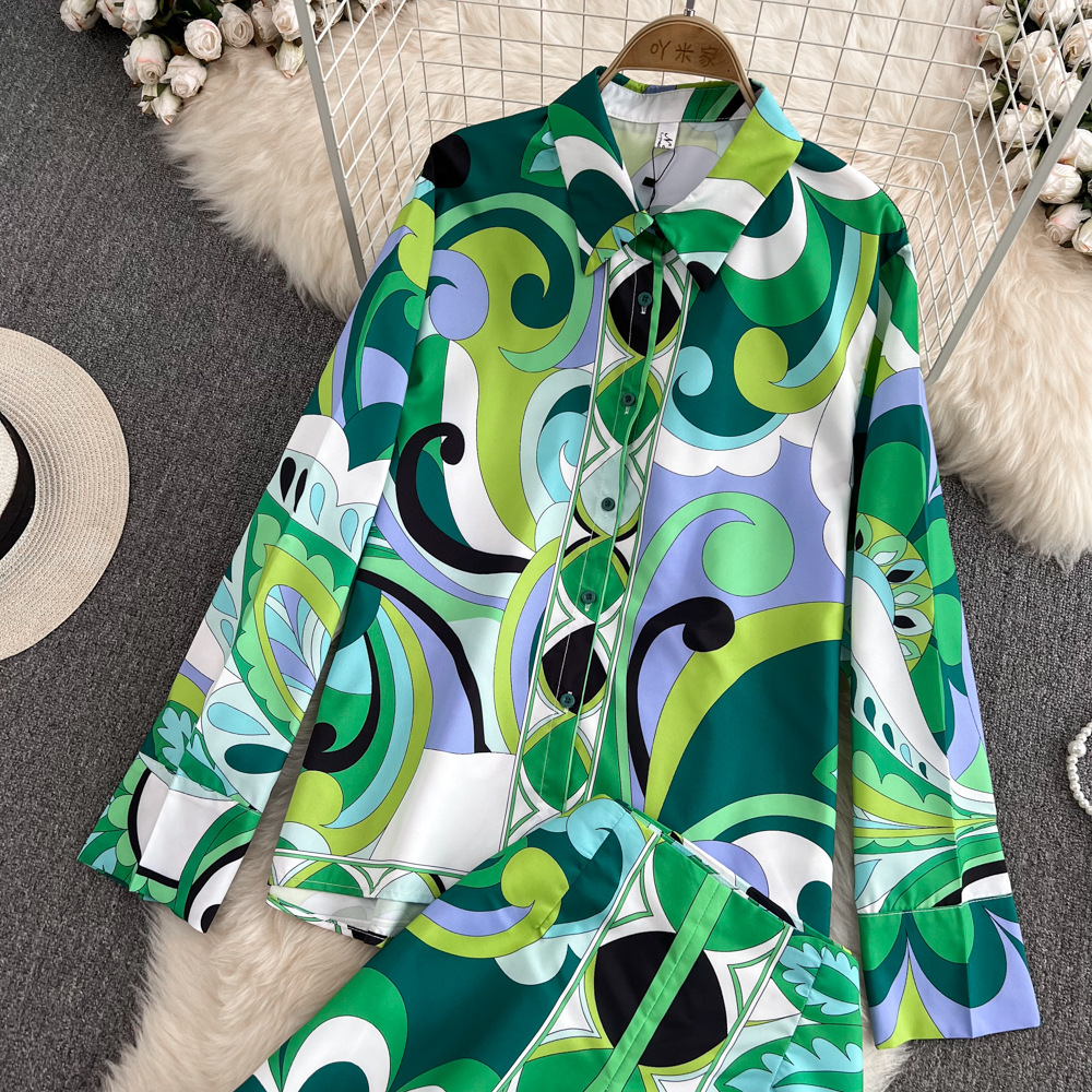 Fashion suits women's casual retro loose all-match printed long shirt two-piece high-waisted wide-leg shorts suit