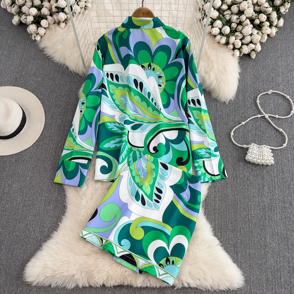 Fashion suits women's casual retro loose all-match printed long shirt two-piece high-waisted wide-leg shorts suit