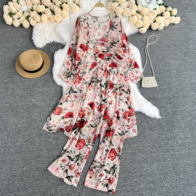 Light familiar style suit women's mid-length floral chiffon cardigan three-piece set tube top short top high waist wide leg pants