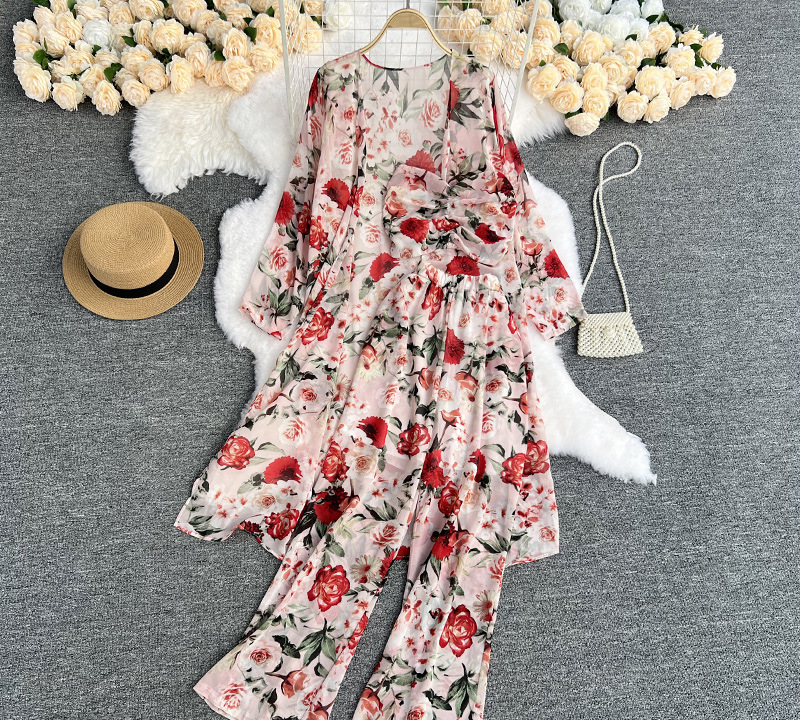 Light familiar style suit women's mid-length floral chiffon cardigan three-piece set tube top short top high waist wide leg pants