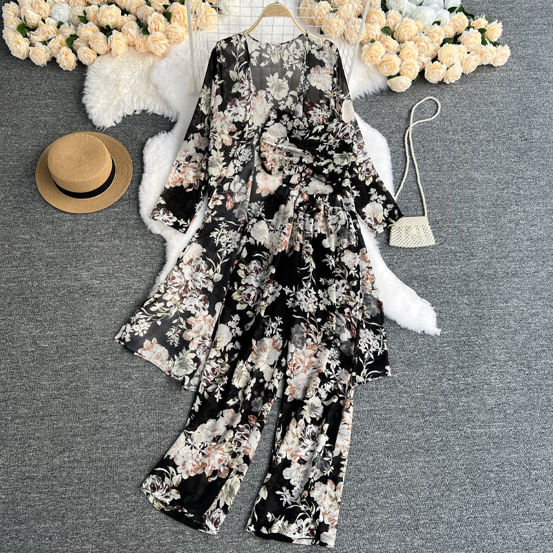 Light familiar style suit women's mid-length floral chiffon cardigan three-piece set tube top short top high waist wide leg pants