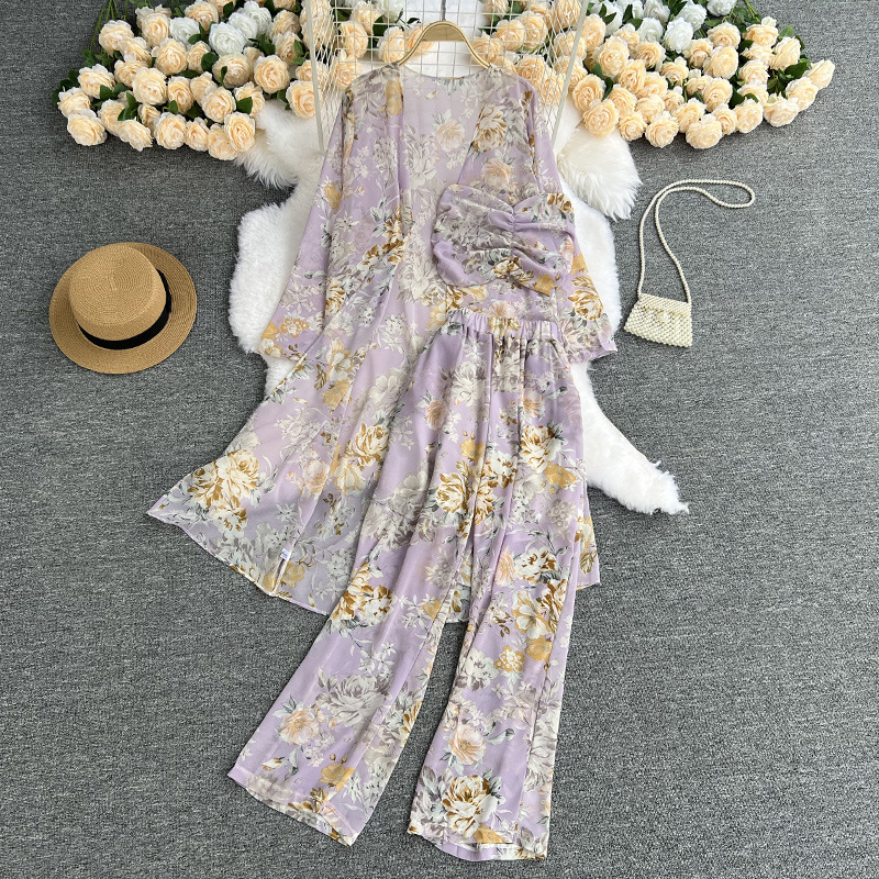 Light familiar style suit women's mid-length floral chiffon cardigan three-piece set tube top short top high waist wide leg pants