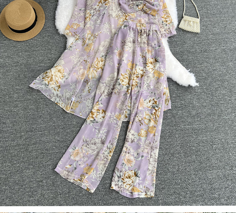 Light familiar style suit women's mid-length floral chiffon cardigan three-piece set tube top short top high waist wide leg pants