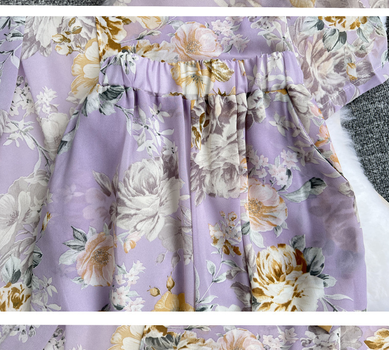 Light familiar style suit women's mid-length floral chiffon cardigan three-piece set tube top short top high waist wide leg pants