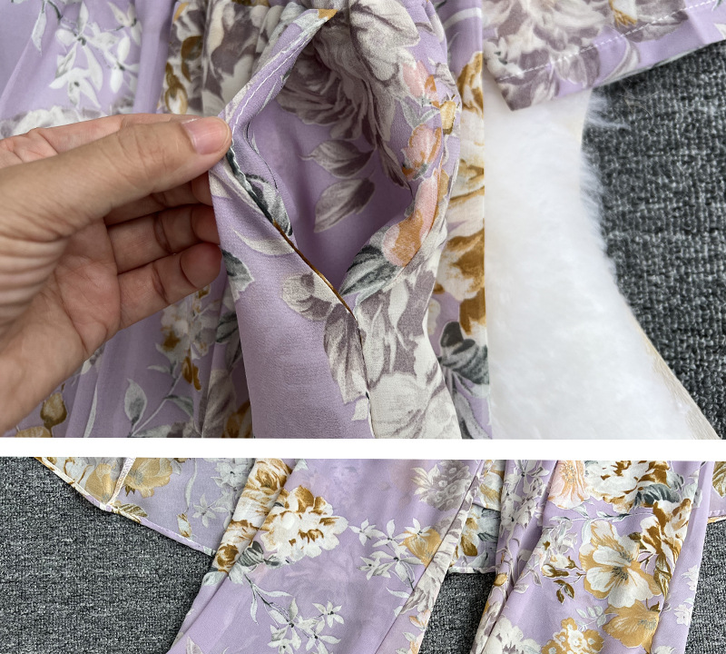 Light familiar style suit women's mid-length floral chiffon cardigan three-piece set tube top short top high waist wide leg pants