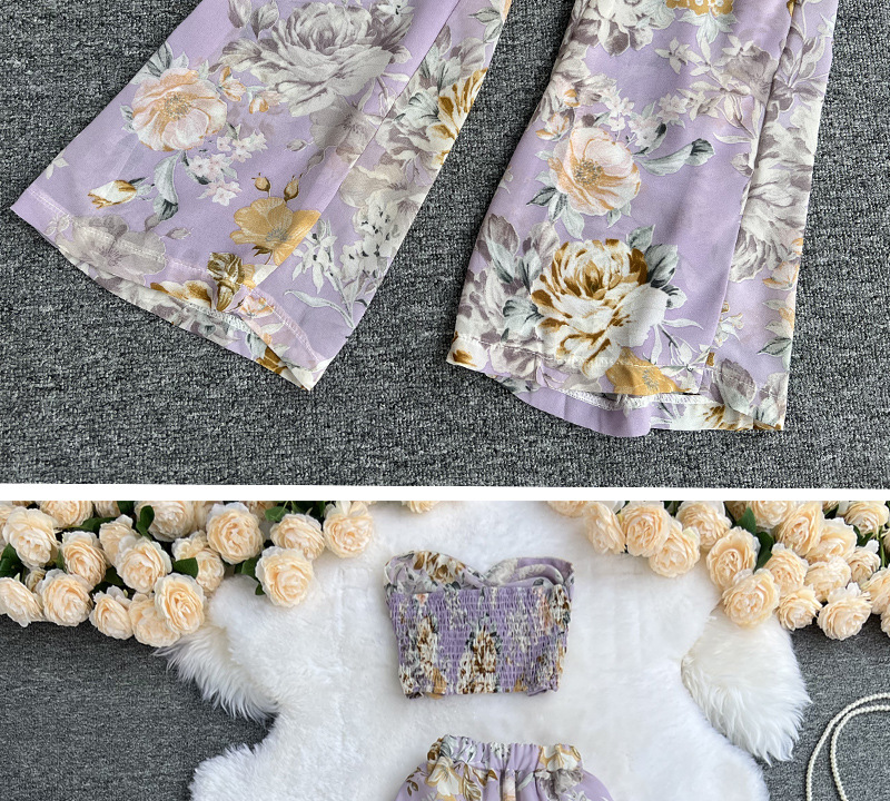 Light familiar style suit women's mid-length floral chiffon cardigan three-piece set tube top short top high waist wide leg pants