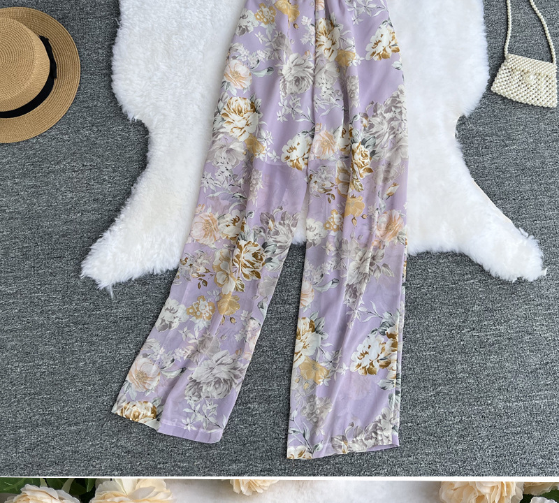 Light familiar style suit women's mid-length floral chiffon cardigan three-piece set tube top short top high waist wide leg pants