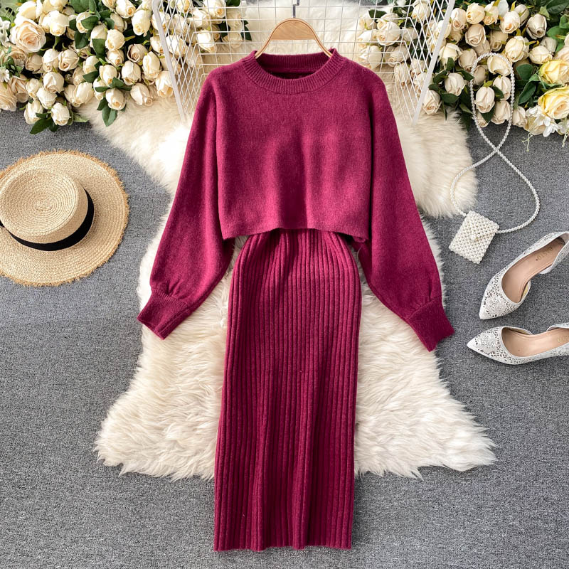 Dress suit 2022 new ladies knitted top short high waist all-match vest skirt fashionable two-piece set