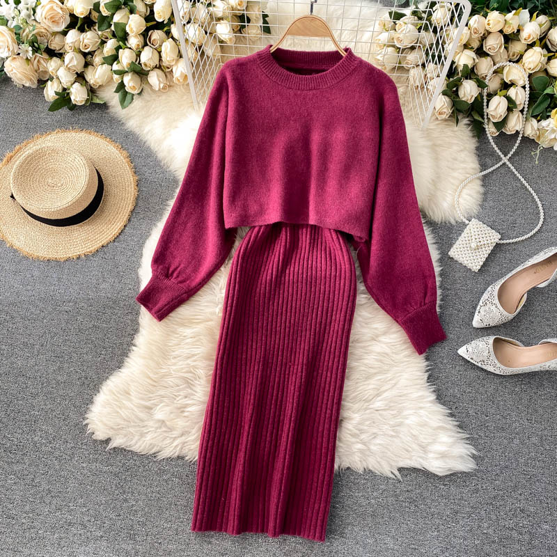 Dress suit 2022 new ladies knitted top short high waist all-match vest skirt fashionable two-piece set