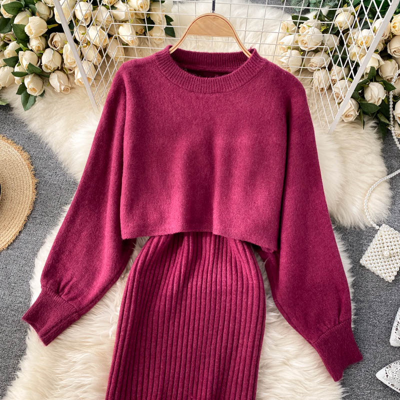 Dress suit 2022 new ladies knitted top short high waist all-match vest skirt fashionable two-piece set