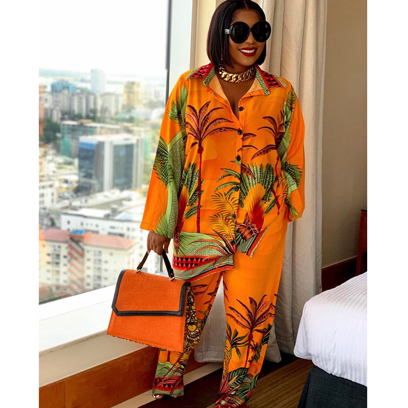 2022 New Amazon autumn African plus size casual women's two-piece printed plaid loose suit