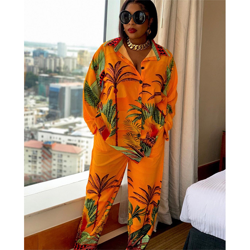 2022 New Amazon autumn African plus size casual women's two-piece printed plaid loose suit