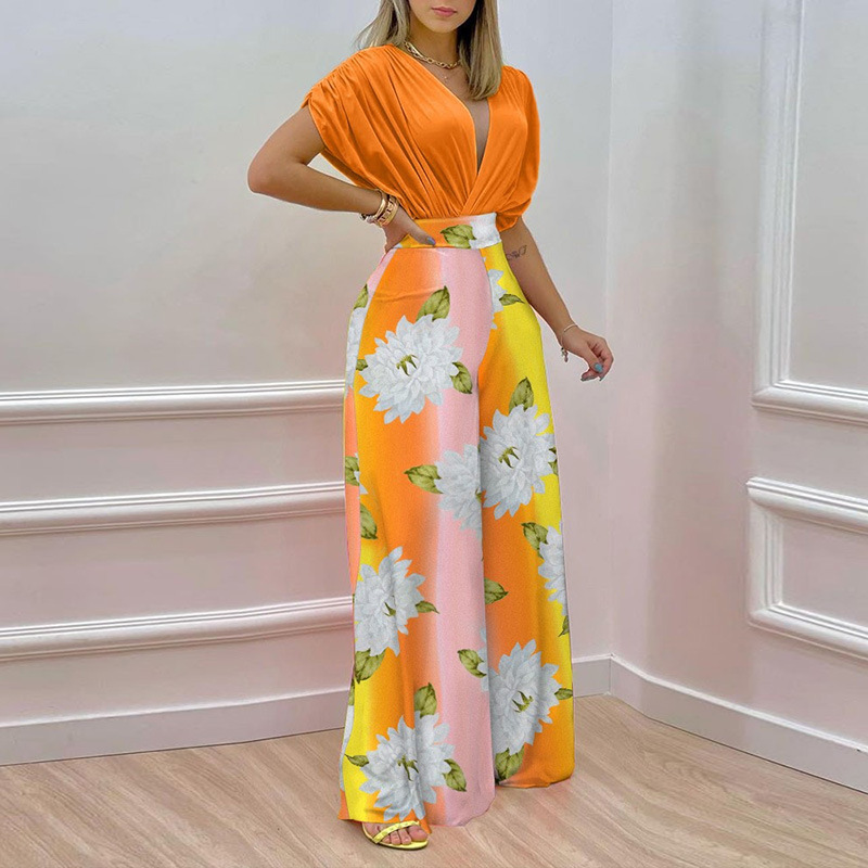 Women's clothing 2022 independent station summer new temperament V-neck printed wide-leg pants casual high-waisted jumpsuit