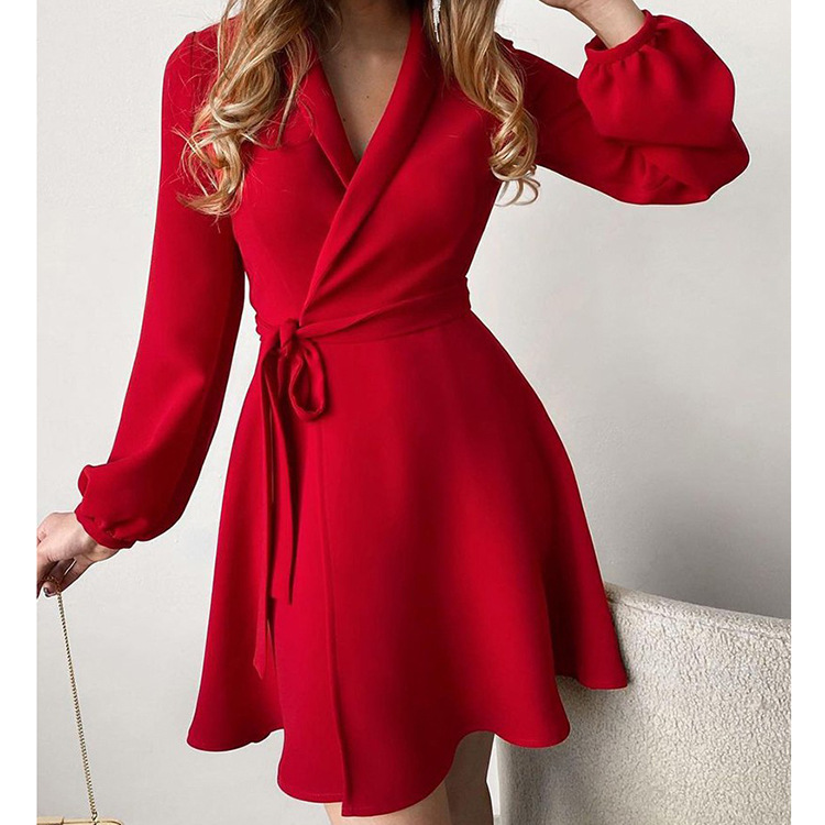 Autumn temperament commuter one piece color matching lace-up dress spot clothes