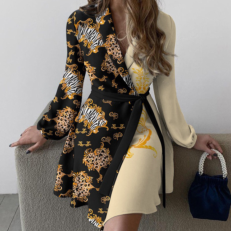 Autumn temperament commuter one piece color matching lace-up dress spot clothes