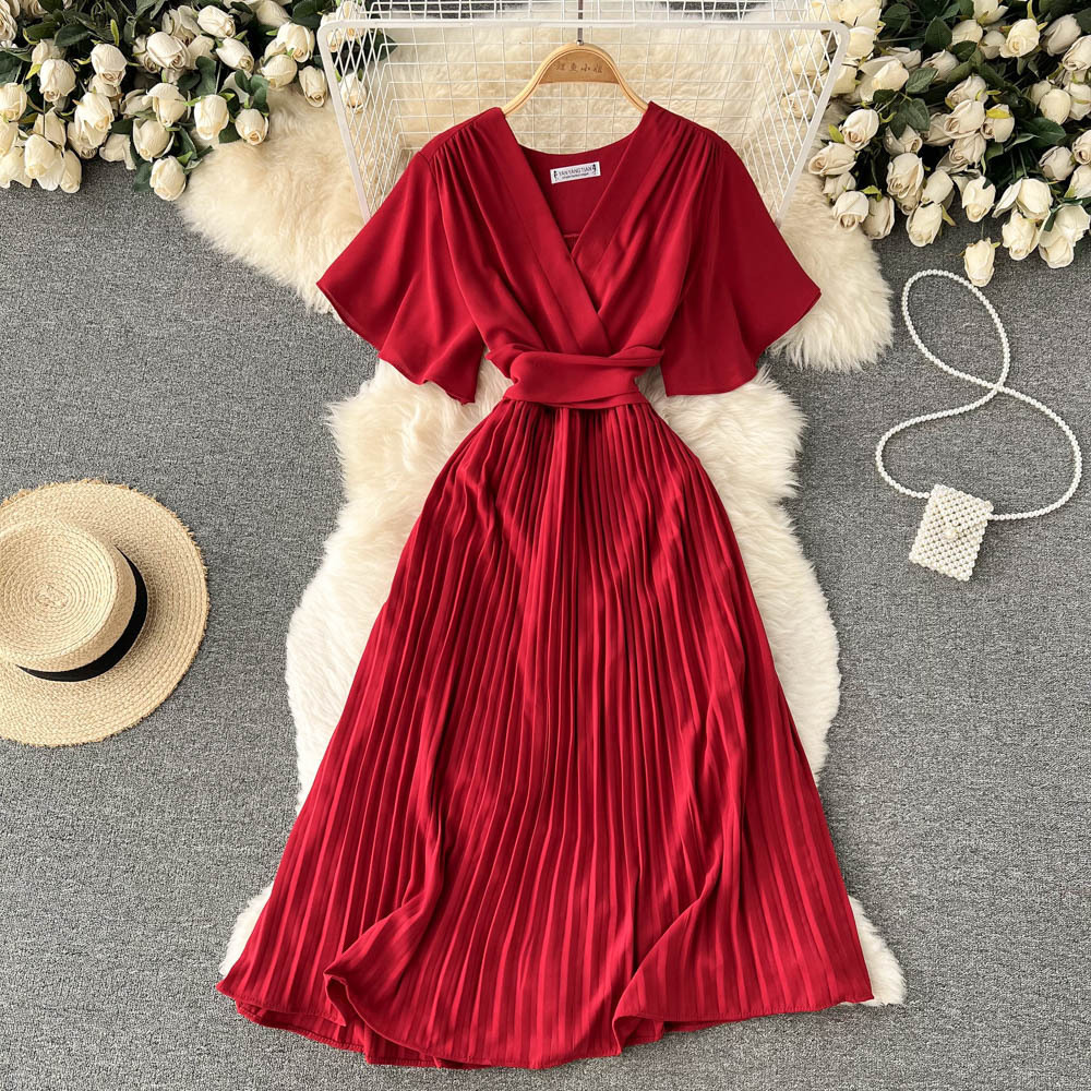 French pleated slim long holiday style chiffon pleated long skirt pure color temperament V-neck dress