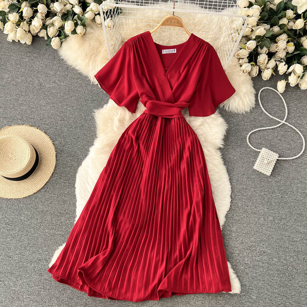 French pleated slim long holiday style chiffon pleated long skirt pure color temperament V-neck dress