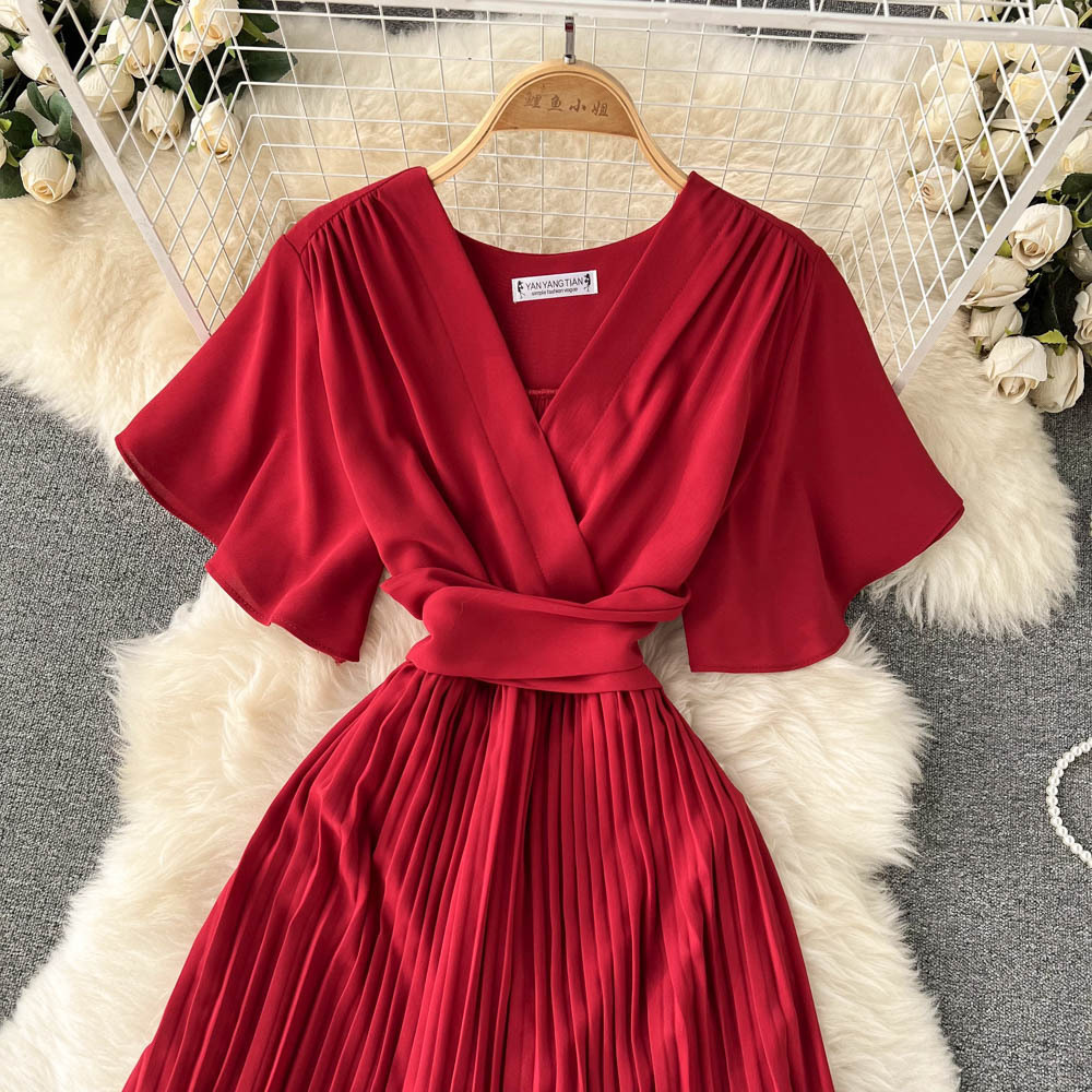 French pleated slim long holiday style chiffon pleated long skirt pure color temperament V-neck dress