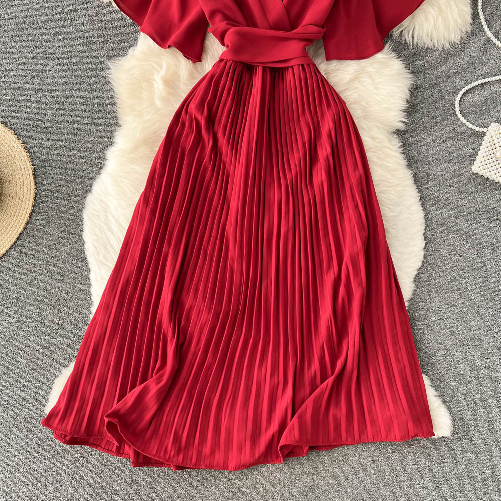 French pleated slim long holiday style chiffon pleated long skirt pure color temperament V-neck dress