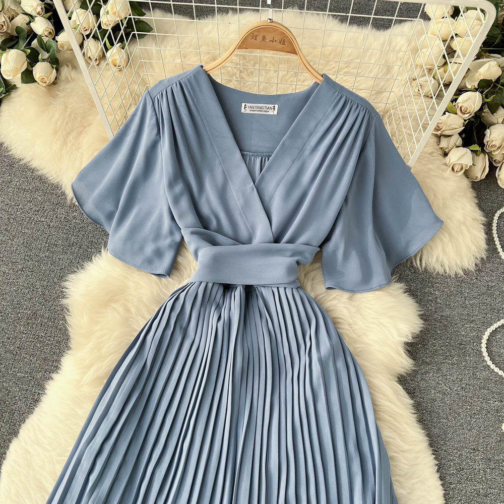 French pleated slim long holiday style chiffon pleated long skirt pure color temperament V-neck dress