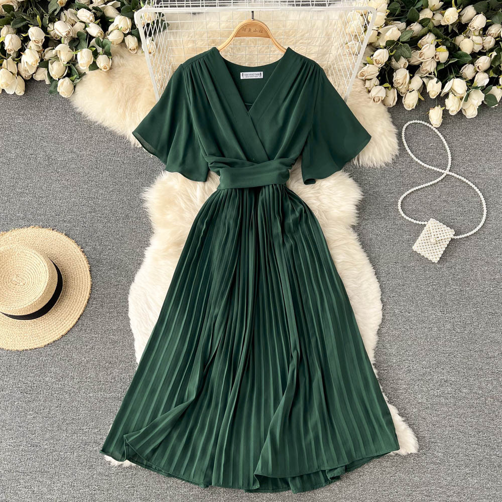 French pleated slim long holiday style chiffon pleated long skirt pure color temperament V-neck dress